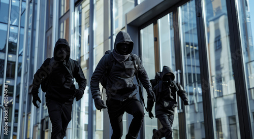 robbers in black hoodies and ski masks running out of an office building with backpacks
