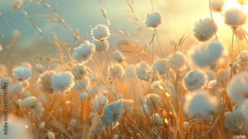 A close shot of cotton looking grass with a blurry sunset view or a evening shot for text or product advertisement backdrop, Generative AI.