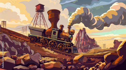 A vibrant vintage train chugging through a rocky desert landscape
