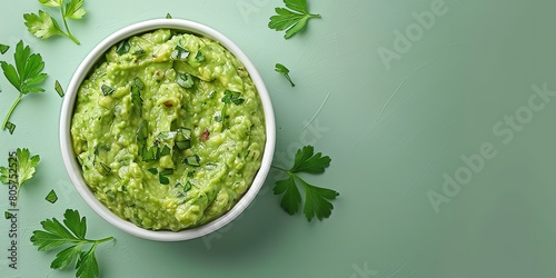 Guacamole is a refreshing avocado dip sauce prepared in a lovely white dish with an ounce of parsley over a green backdrop and space, Generative AI.