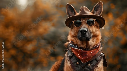 Funny German Shepherd dog wearing cowboy hat, sunglasses bandana with stars, pet animal studio portrait or celebrating 4th july, Memorial Day.