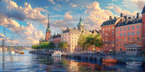Beautiful View of the Famous Embankment in the Old Town of Stockholm in Summer.