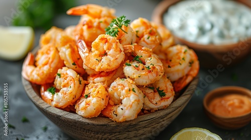 Fried shrimp basket with lemon and tartar sauce, seaside snack.