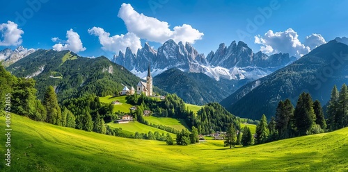 Awesome alpine plateau on a sunny day. Stunning view of Santa Maddalena Church