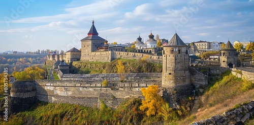 A large Eastern European fortress in the ancient city of Kamianets-Podilskyi on a sunny day. Location place Ukraine, Europe.