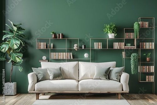 Sofa and bookcase near green wall. Scandinavian interior design of modern living room, home. Soft tone.