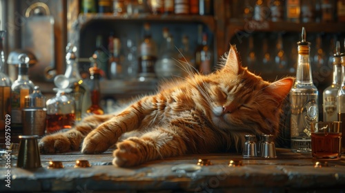 A warm, inviting scene of a sleeping ginger cat on a bar, nestled among assorted bottles and soft lighting that highlights its fur.