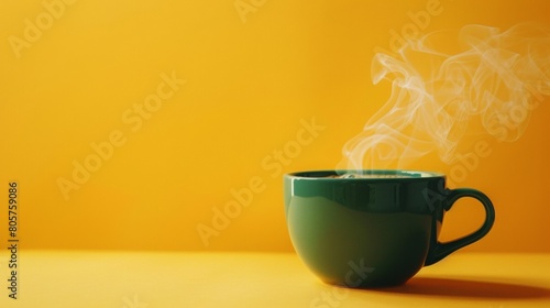 A green mug with hot coffee on a yellow background.