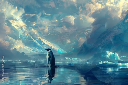 penguins filled with floating ice blocks