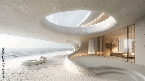 a vertical internal circular cylindre corridor with minimalist space, an ogive circular roof ,white sand