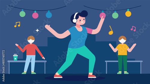 A person with a sensory processing disorder participating in a dance fitness class with special lighting and music accommodations.. Vector illustration