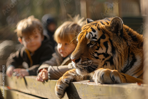 Crazy Fantasy at the City Zoo: A family with children appears unfazed as an Amur tiger stands casually beside them, while they seem more interested in observing other tigers in the distance.