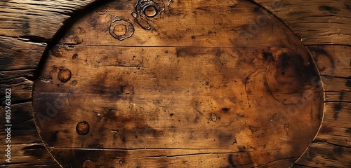 An aged, rustic wooden table surface, its history told through the myriad of dark coffee ring stains, each telling a story of mornings past, against a soft, morning light backdrop.