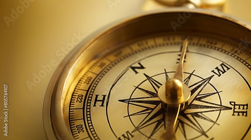 An antique, brass compass, its surface polished and gleaming, set against a light, goldenrod solid background, evoking a sense of adventure and the timeless pursuit of direction and discovery. 