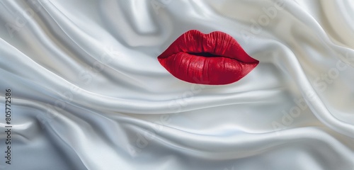 An expanse of crisp, snow-white fabric, interrupted by a bold, scarlet lipstick mark, the vivid color and distinct shape standing out starkly against the purity of the background. 