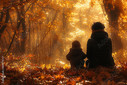 A mother and her child share a moment of quiet reflection amidst a forest of autumnal foliage, their bond deepened by the golden hues of the changing season.