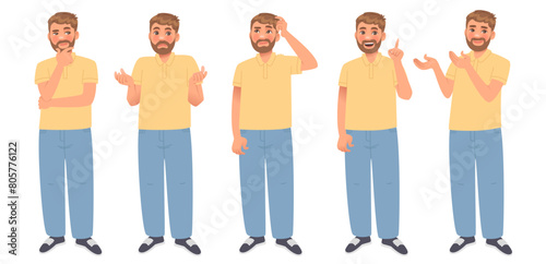 Thinking man. A character set of a guy who thinks, chooses, doubts, finds and points to a solution. Vector illustration
