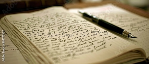 Close-up of a personal journal and a pen on a quiet desk, reflective and soothing writing