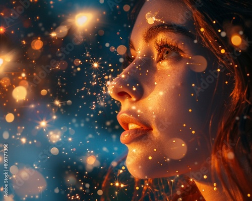 A woman face lit up in wonder light and dreams