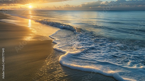 Waves gently lapping at the shore of a pristine beach, the sunrise creating a golden pathway across the water, offering a moment of peace and solitude. 32k, full ultra hd, high resolution