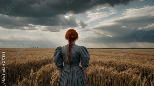 Early American pioneer woman with red hair in the wind and gray dress. Rear view. Old West, Victorian, Georgian, Edwardian. Historical romance style. wheat field Cloudy sky. farmer