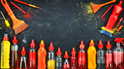 A row of red bottles and a yellow bottle are on a black background