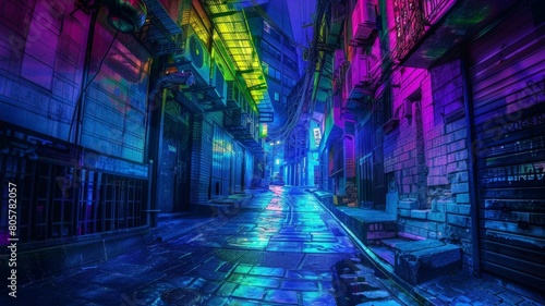 Enter a surreal realm of urban decay, where the streets are cloaked in darkness and illuminated only by the eerie glow of neon lights, creating a mesmerizing scene captured in breathtaking HD detail