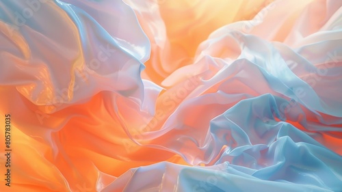 Envelop yourself in the serene ambiance of abstract waves in hues of orange, blanc, and blue, their gentle movements and soft gradients creating a tranquil oasis of color and light, 