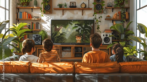 A family sits and chats happily inside a house decorated with furniture and technology.