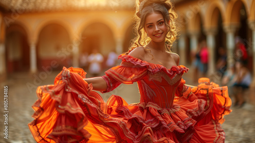 A Spanish woman dances flamenco in a red traditional dress in a square on a sunny day