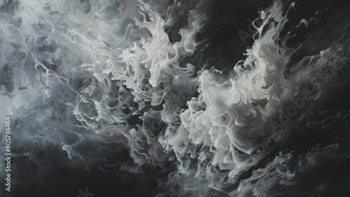 the captivating interplay of light and shadow as white smokey paint cascades across a black canvas, 