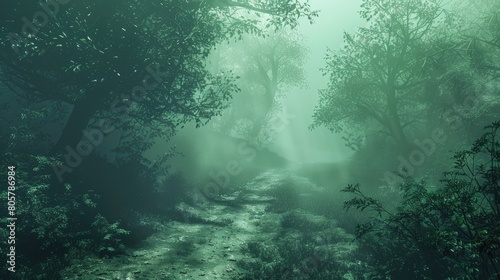 dark green fantasy forest path. muddy path. foggy morning dew AI generated