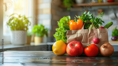 Fresh Groceries in Paper Bag on Wooden Table
