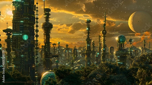Bustling Alien City A Expression of Futuristic Architecture Under Golden Hour Illumination Generative ai