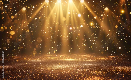 Light brown starry background with golden light beams and lights for stage, festival or award ceremony