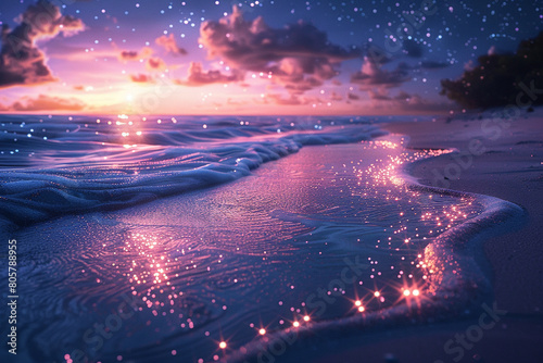 A dreamy futuristic beach where the sand sparkles under starlight, with holographic waves lapping gently