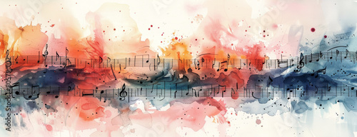 A watercolor painting of musical notes with a red, orange, and blue background