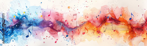 A colorful watercolor painting of musical notes and a musical staff