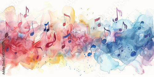 A colorful watercolor painting of musical notes