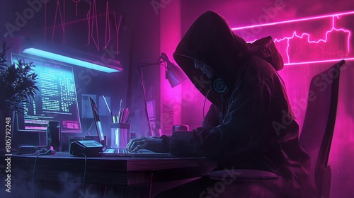 A hacker's workspace bathed in the eerie glow of neon lights, with a hooded figure hunched over a laptop, executing intricate algorithms to bypass security protocols and infiltrate networks.