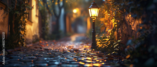 An evening scene on a charming, cobblestone street with a vintage lamp post casting a warm glow
