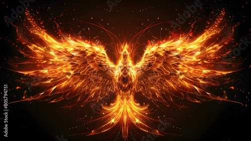 Generative ai photo collage of flying red burning bird phoenix with wire wings rebirth
