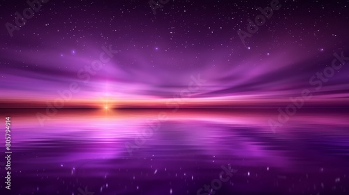  A purple-hued sky mirrors stars, sun sits above water midway