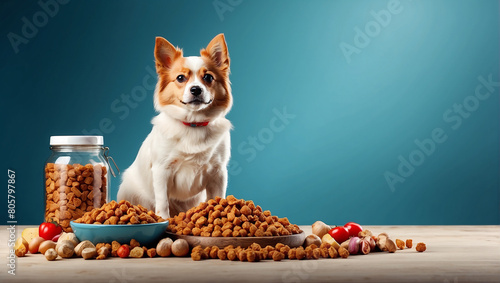 A small brown and white dog is sitting between a jar and a bowl filled with dry dog food.