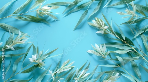  A blue backdrop features a cluster of green leaves and a solitary white bloom, positioned on the image's left side