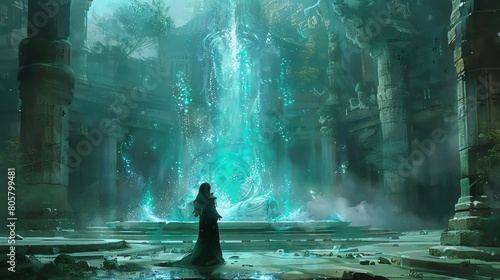 A spellcaster casting spells to protect the delicate balance of nature in a mystical temple