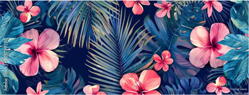 Seamless pattern flora pink Oleander,red Heliconia rostrata, Colorful Hibiscus flowers and leafs on black bacground.Vector illustration drawing.