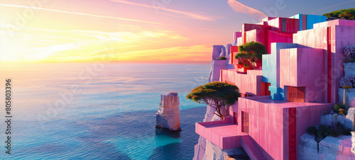 A beautiful pink and blue building sits on a cliff overlooking the ocean