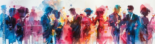 vibrant, high-angle view of a sophisticated cocktail party in stunning watercolor medium Illustrate elegantly dressed guests mingling, holding exquisite drinks Highlight the glamorous ambian