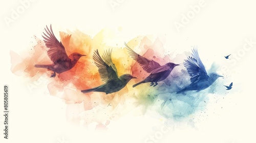 watercolor A watercolor painting of four birds flying in a V formation